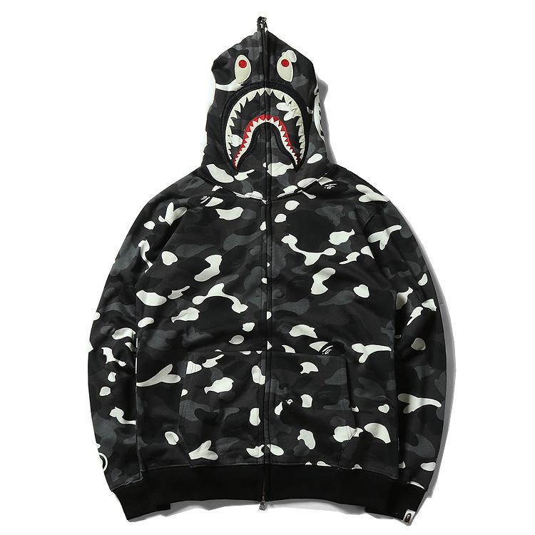 Bathing Ape Hoodie Black and White Luminous Shark Coat Looped Fabric Hooded Shark Sweater Shark Embroidered Hoodie