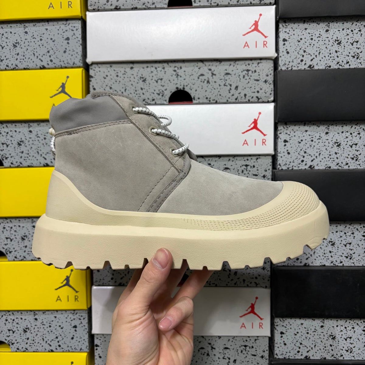 UGG Lace-Up Hiker Chukka Boot – Suede Boot with Cream Lug Sole, Drawstring Collar & UGG Diamond Heel in Grey