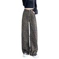 Leopard Print Wide Leg Denim Jeans High Waist Loose Straight Pants