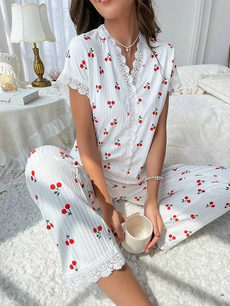 Cherry Print Full-Length Nightwear Set