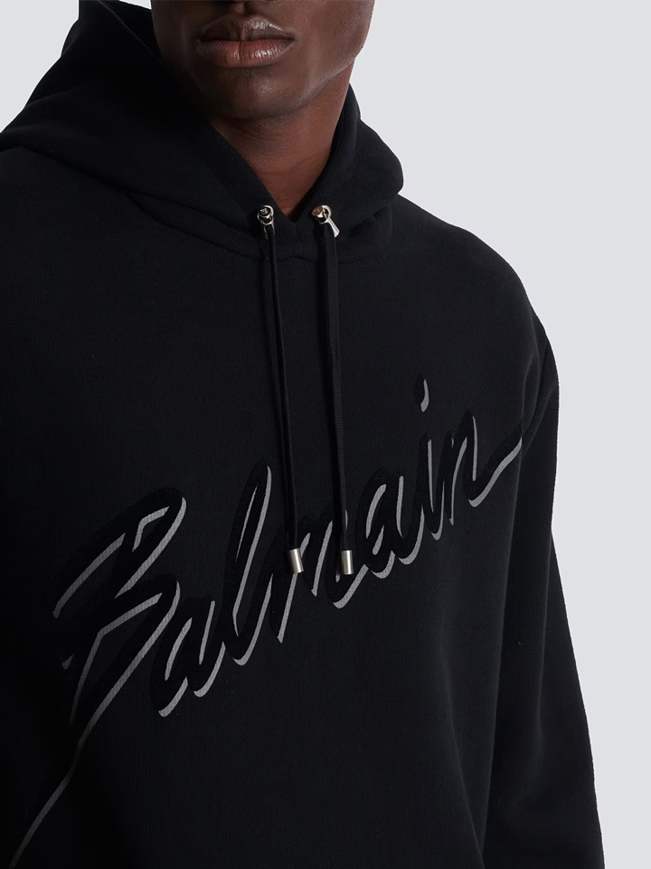 Balmain Flocked Script Logo Hoodie in Black