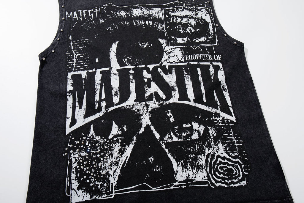 MAJESTIK Washed Black Studded Sleeveless T-Shirt