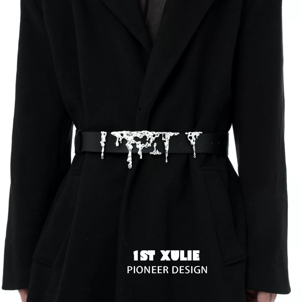 1STXULIE Leather Belt Liquid Lava Metal Sculpture Avant-Garde Waist