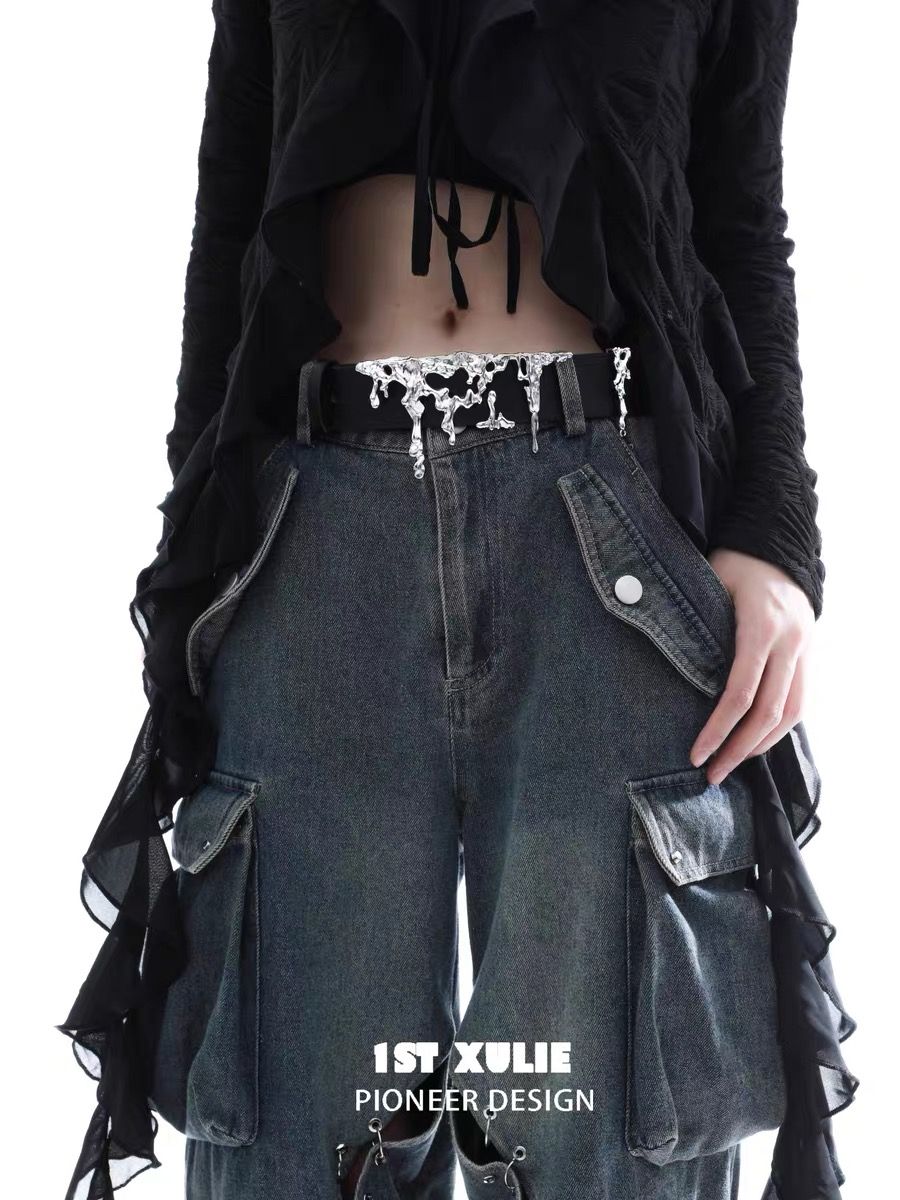 1STXULIE Leather Belt Liquid Lava Metal Sculpture Avant-Garde Waist