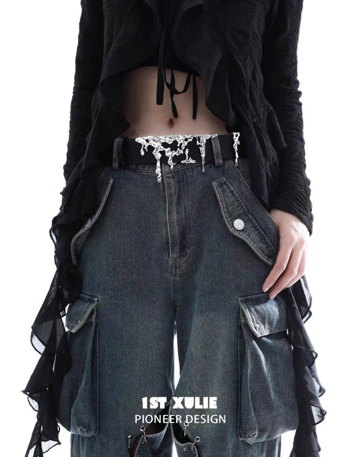 1STXULIE Leather Belt Liquid Lava Metal Sculpture Avant-Garde Waist