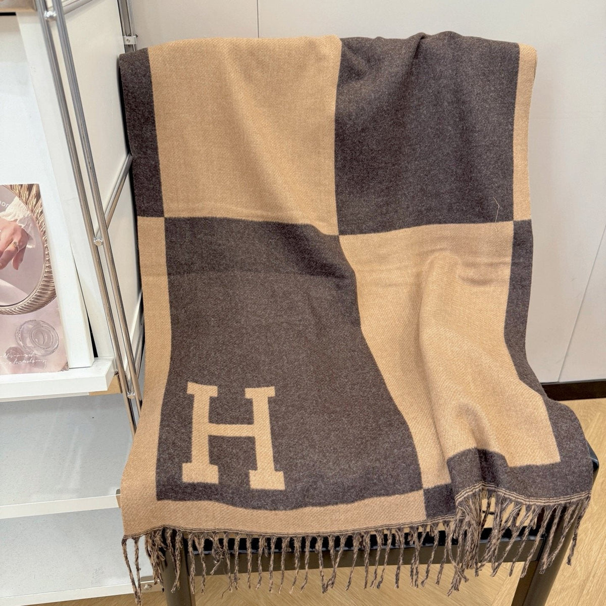 Hermes Fringed Color-Block Letter-Motif Scarf