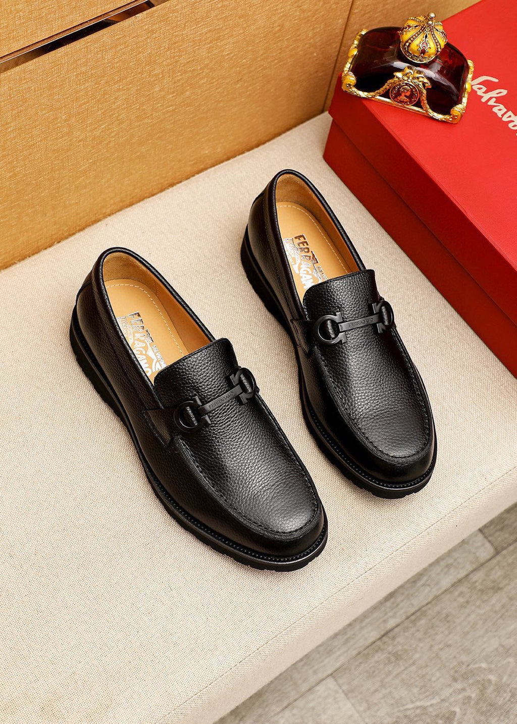 Ferragamo Black Textured Leather Slip-On Loafers