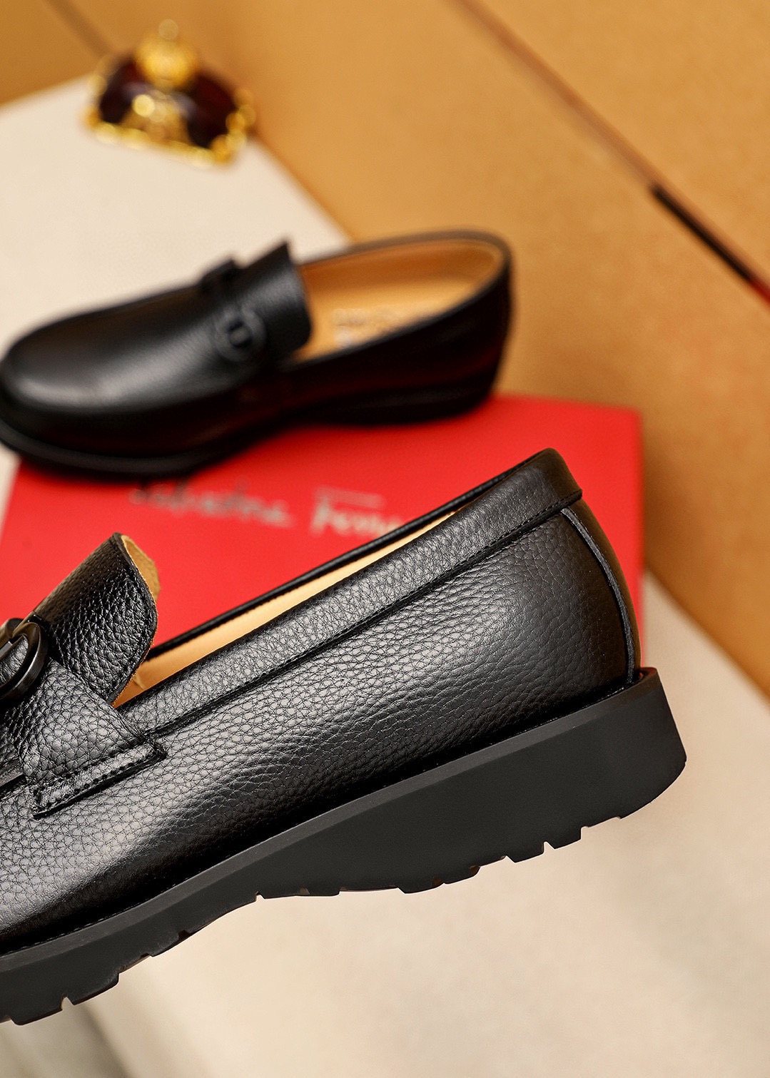 Ferragamo Black Textured Leather Slip-On Loafers