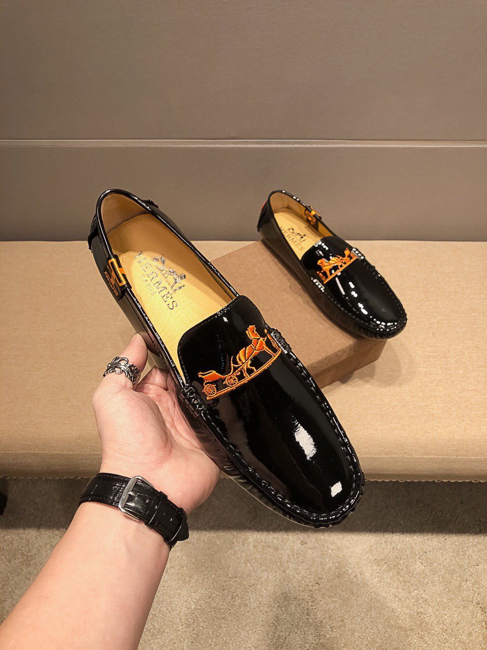 Hermès Black Glossy Hardware Loafers