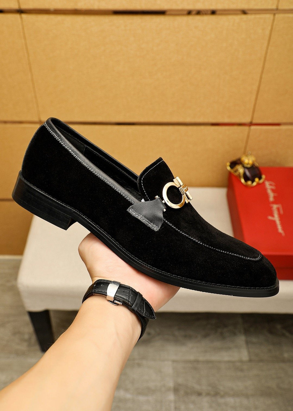 Ferragamo Black Metal-Accent Loafers - Black Textured Upper