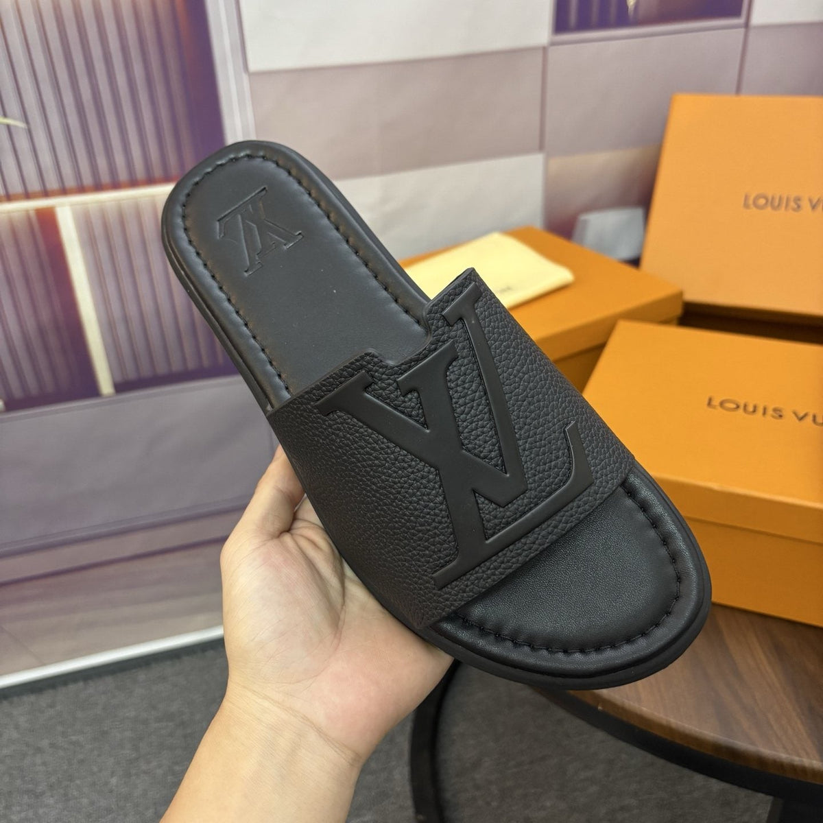 Men's Black Embossed Slide Sandals
