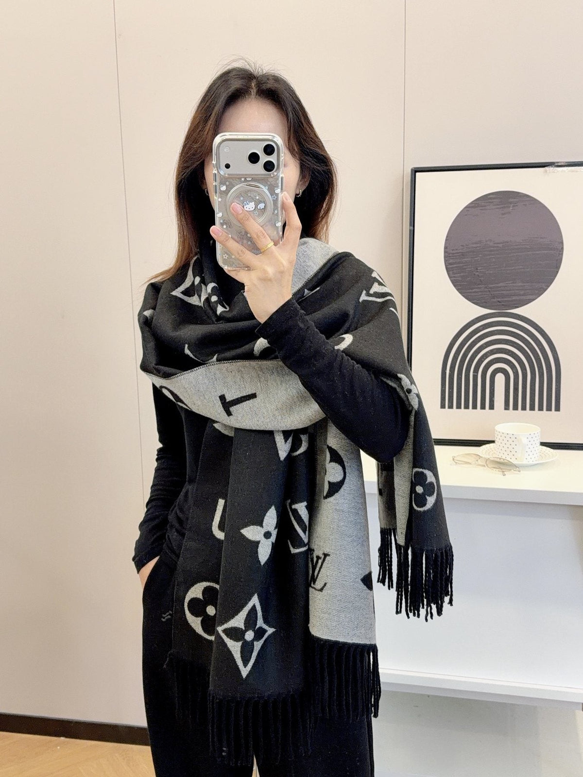 Louis Vuitton Black & Gray Patterned Scarf