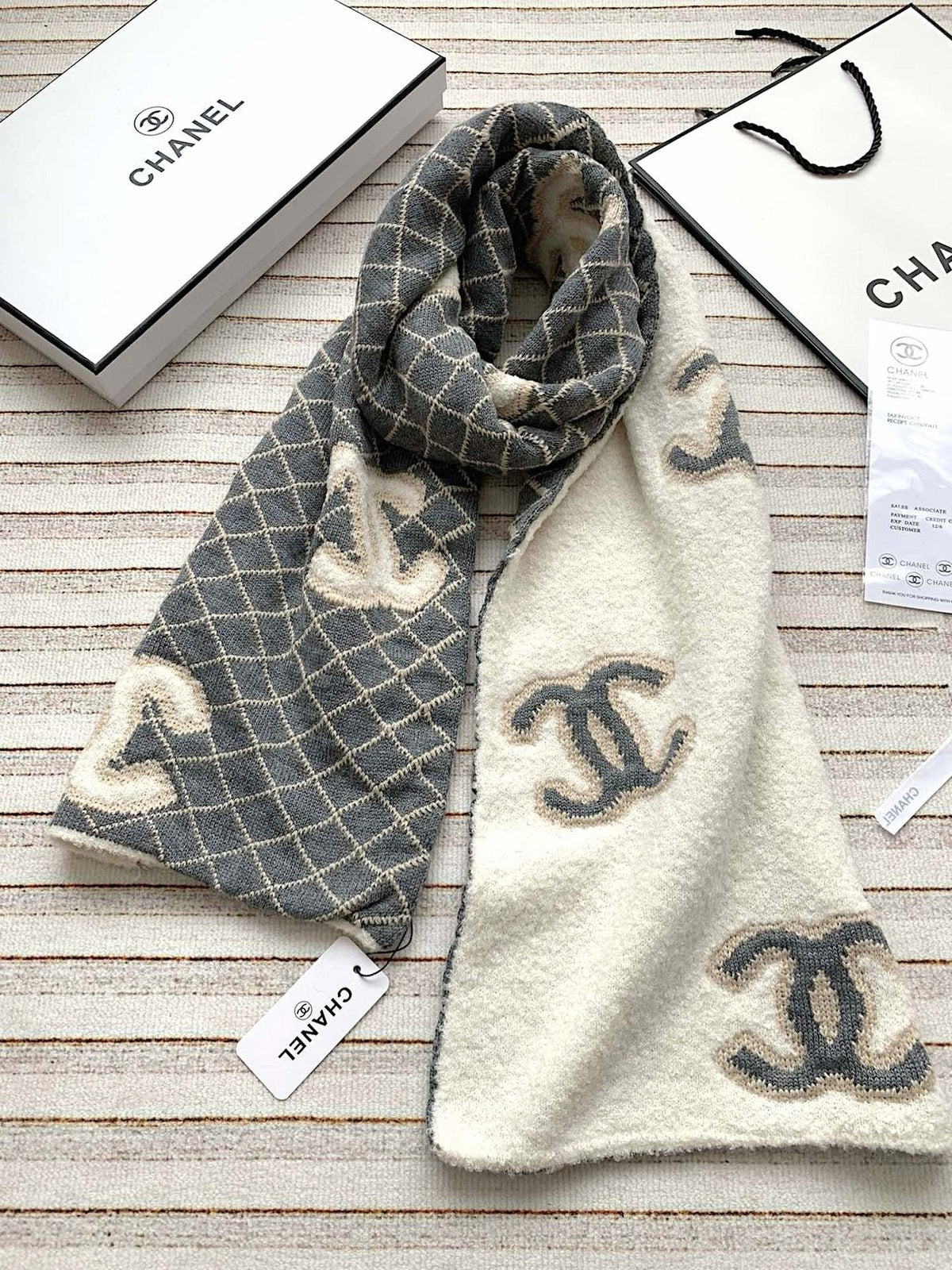 Chanel Gray & Ivory Diamond-Pattern Scarf