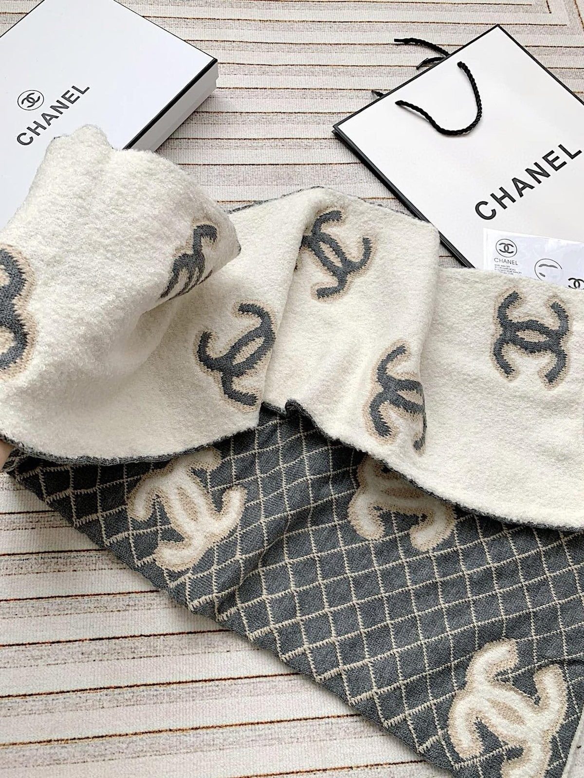 Chanel Gray & Ivory Diamond-Pattern Scarf