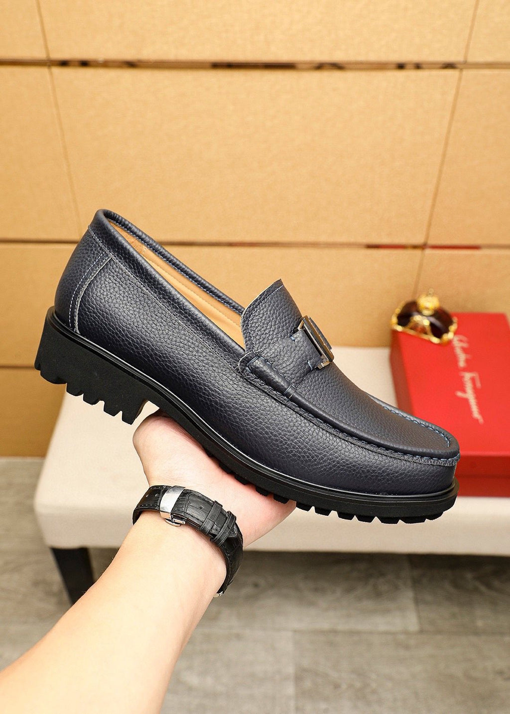 Ferragamo Black Buckle Leather Loafers