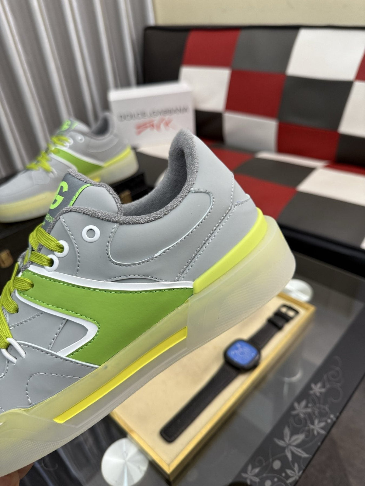Dolce & Gabbana Lime Accent Low-Top Sneakers - Light Gray & Lime Green