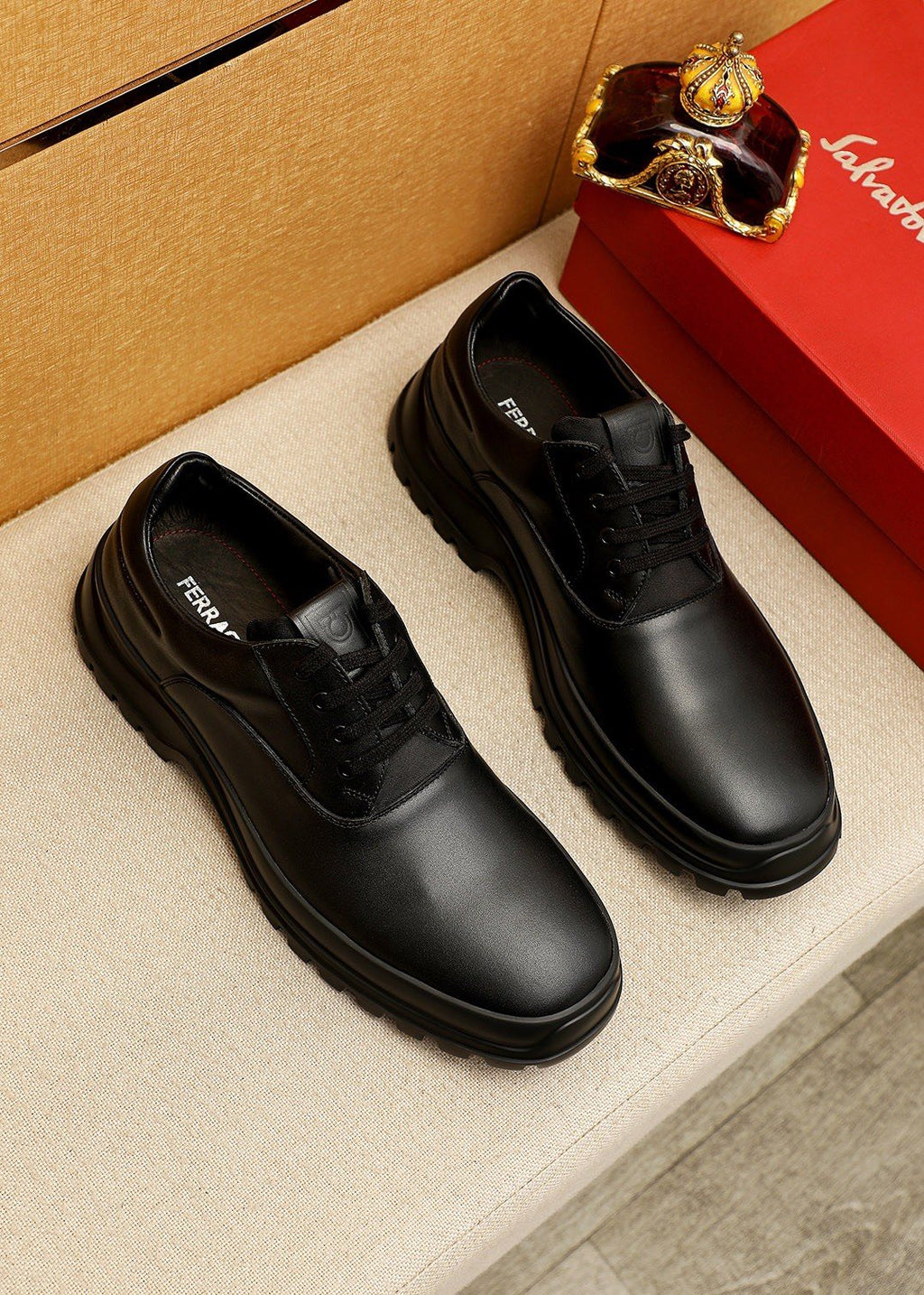 Ferragamo Black Leather Lug Sole Lace-Up Shoes