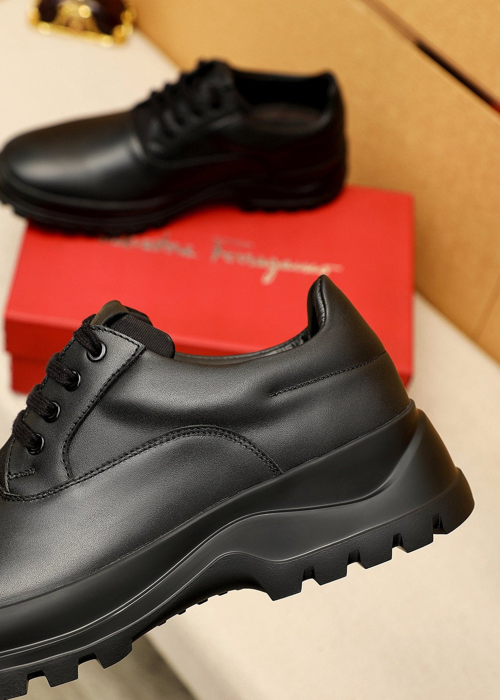 Ferragamo Black Leather Lug Sole Lace-Up Shoes