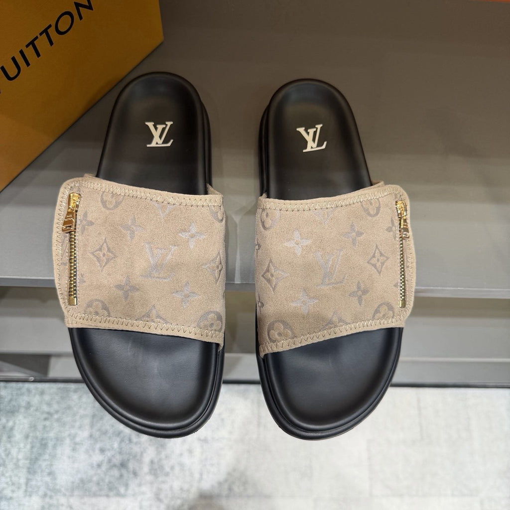 Louis Vuitton Beige and Black Slide Sandals